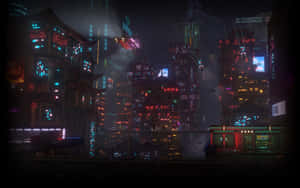 未來城市夜景，霓虹燈和雨中飛行的車輛。