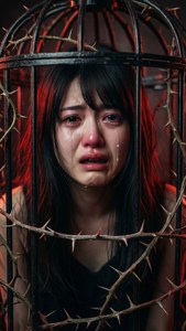一個痛苦的女人被困在帶刺的金屬籠子後面，紅色燈光。