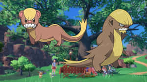 兩隻憤怒的動畫寶可夢盤旋在野餐中的小孩上方。 — 卡通 壁紙