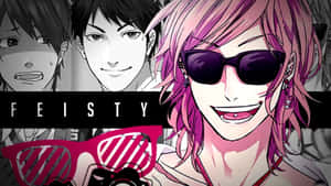 粉紅色頭髮和太陽眼鏡的動漫角色微笑，帶有「FEISTY」文字。 — 神里綾人 壁紙