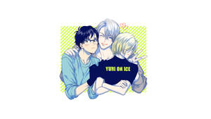 三個動漫角色擁抱，其中一件襯衫上有「YURI ON ICE」文字。