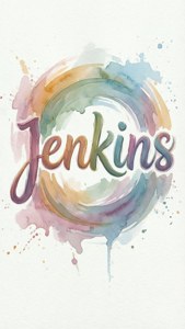 水彩藝術作品，以彩色筆觸環繞的草書「Jenkins」為特色。