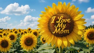 向日葵田，其中一朵花寫著 I Love My Mom