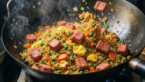 炒飯配以香腸、豌豆和胡蘿蔔，在鍋中翻炒