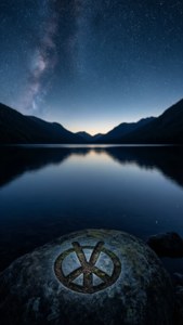 在銀河天空下，繁星點點的湖邊岩石上刻有發光的和平標誌