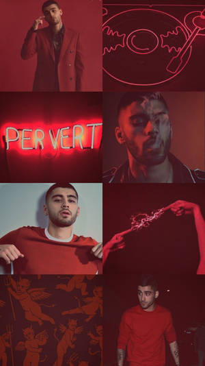 Zayn Malik 穿著紅色服裝，搭配霓虹燈牌和魔鬼圖案，構成陰鬱的拼貼畫。 — 拼貼 GIF 壁紙