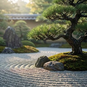 在寧靜的日本禪意花園中，一條耙過的碎石小徑，點綴著長滿苔蘚的岩石和一棵松樹。