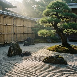 晨光中的禪意花園，有耙過的沙、岩石和松樹