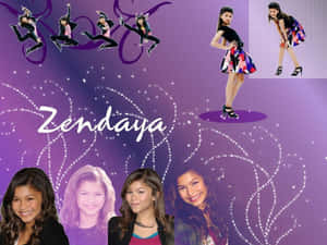 Zendaya 以多種姿勢和肖像呈現於發光紫色背景上。 — 善逸 GIF 壁紙