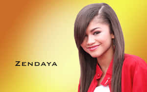 Zendaya 穿著紅色襯衫，在黃橙色漸變背景上微笑。
