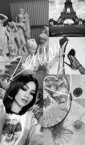 Zendaya 拼貼畫 艾菲爾鐵塔 雕像 高跟鞋 水滴 — 黑白藝術 壁紙