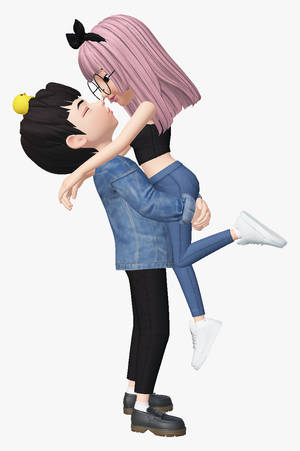 動漫情侶接吻，粉紅色頭髮女孩被頭上有黃色鴨子的男孩舉起。