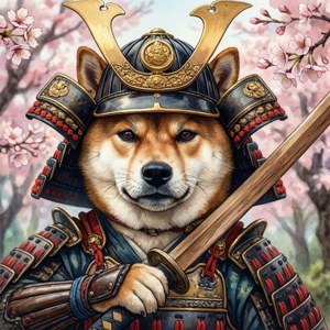 櫻花下穿著鎧甲持刀的武士犬
