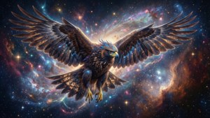 一隻神話中的鷹飛過色彩繽紛的宇宙星雲，其中有星星和發光的雲。