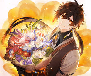 棕色頭髮的動漫男孩在金色光芒下拿著一束色彩繽紛的鮮花。