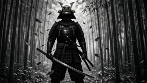 竹林中的武士與飄落的樹葉