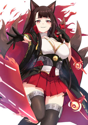 動漫女孩，長著貓耳和紅色翅膀，手持發光的劍。 — iPhone Duo 壁紙