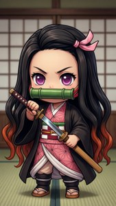 Q 版動漫女戰士在日式房間中持劍，帶竹 gag。