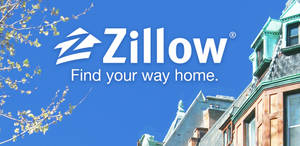 Zillow 標誌及標語在屋頂和藍天樹枝之上。