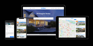 Zillow房地產應用程式在多個裝置上顯示待售房屋和地圖圖釘。