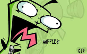 綠色卡通角色大喊「Waffles!」，有大眼睛和粉紅色閃電嘴巴。