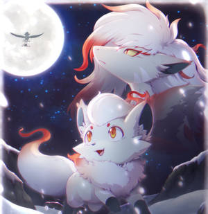 兩個可愛的狐狸動漫角色在雪夜中，滿月與星星下