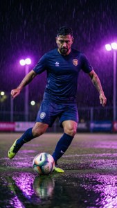 足球運動員在紫色球場燈光下於雨中運球。