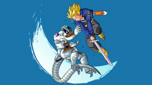 動漫角色在空中用劍和尾巴在藍色背景上戰鬥 — 龍珠 壁紙