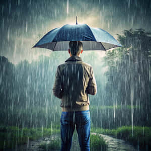 一個男人拿著雨傘站在森林小徑的大雨中