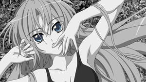 單色中躺在樹葉間的藍眼動漫女孩