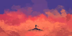 簡約男子戴著圍巾,粉紅天空背景壁紙。