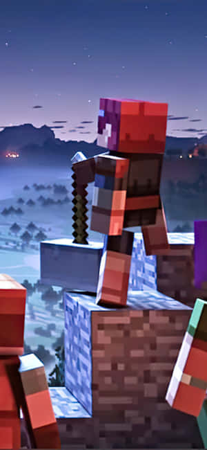 Minecraft角色喺黃昏時企喺懸崖上，俯瞰住有發光燈光嘅霧谷。 — 1080x2340 壁紙
