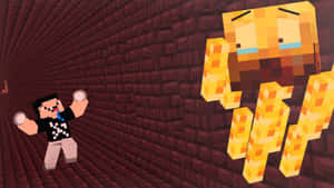 Minecraft玩家在紅石隧道中對抗一個巨大的哭泣金魔像。 — 我的世界 壁紙