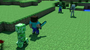 Minecraft玩家在草地上與苦力怕和殭屍戰鬥。
