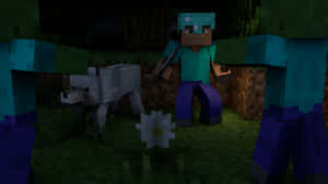 Minecraft角色與狼在黑暗森林中，手持劍靠近花朵 — 狼 壁紙