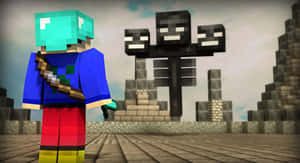 Minecraft角色在石造建築中面對三個鐵魔像。