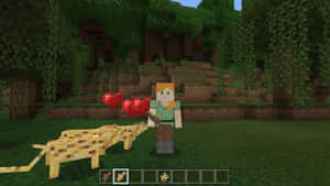 Minecraft玩家在森林中撫摸花豹，周圍漂浮著心形。 — 我的世界 壁紙