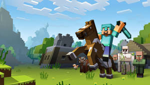 Minecraft玩家在方塊世界中與朋友在城堡附近騎馬。 — 寵物小精靈 劍與盾 壁紙