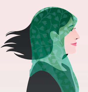 側面女子戴著綠色葉紋頭巾，黑色頭髮在身後飄逸。 — 插畫 壁紙