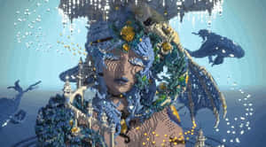 像素藝術美人魚與龍和城堡在藍色奇幻場景中。