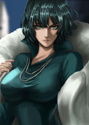 動漫女性，青綠色頭髮和綠色眼睛，穿著青綠色連衣裙和珍珠項鍊。 — 古勒比加 壁紙