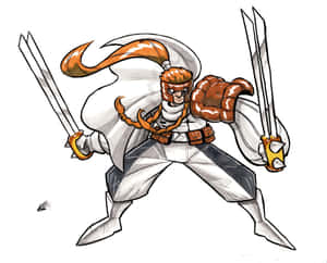 動漫戰士，橙色頭髮，白色披風，以戰鬥姿態揮舞兩把劍。 — 5:4 壁紙