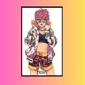 動漫角色 Trish 戴著太陽眼鏡和圖案服裝，站在色彩繽紛的漸變背景前。 — 槍神 壁紙
