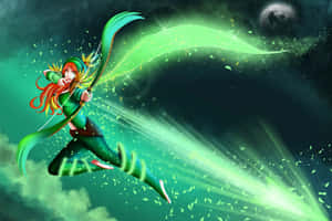 動漫弓箭手在月光下射出發光的綠色箭，伴隨著飛舞的樹葉。 — Surface Pro 壁紙