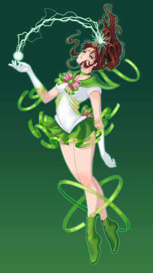穿著綠色和白色服裝的動漫角色，揮舞著發光的能量和飄逸的絲帶。 — 美少女戰士 壁紙