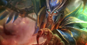 身穿藍色和金色盔甲、眼睛發光的奇幻戰士揮舞著武器。 — 魔法 GIF 壁紙