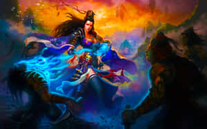 在熾熱的夕陽戰鬥場景中施展藍色魔法的奇幻戰士。