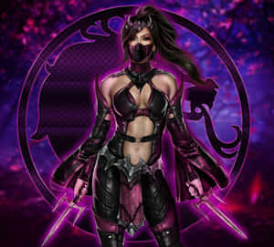 一位戴面具的女戰士身穿紫色和黑色盔甲，手持兩把匕首。 — 真人快打11 壁紙