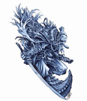 一幅藍色墨水插圖，描繪一位頭髮飄逸、披風飛揚的戰士手持長劍。 — Motorola Razr 70 Ultra 壁紙