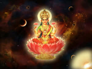 女神坐在蓮花上，在一個有行星的星空宇宙場景中。 — 唯美花朵動圖 壁紙